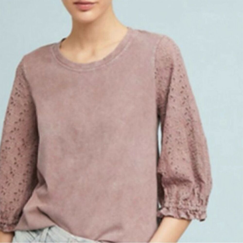Anthropologie Eri + Ali Mauve Lace Detail Blouse 3/4 Sleeve Round Neck Top
